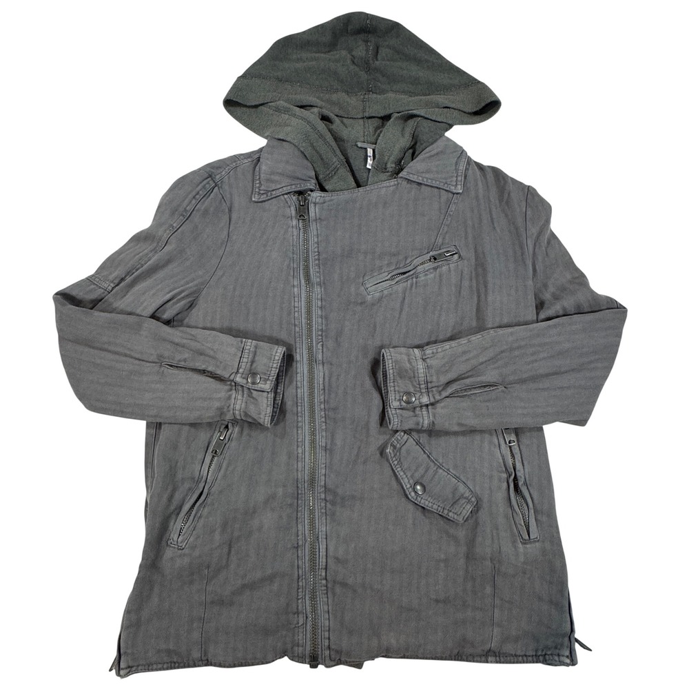 Free People‎ Gray Linen Blend Hooded Moto Jacket Herringbone Asymmetrical Zip S